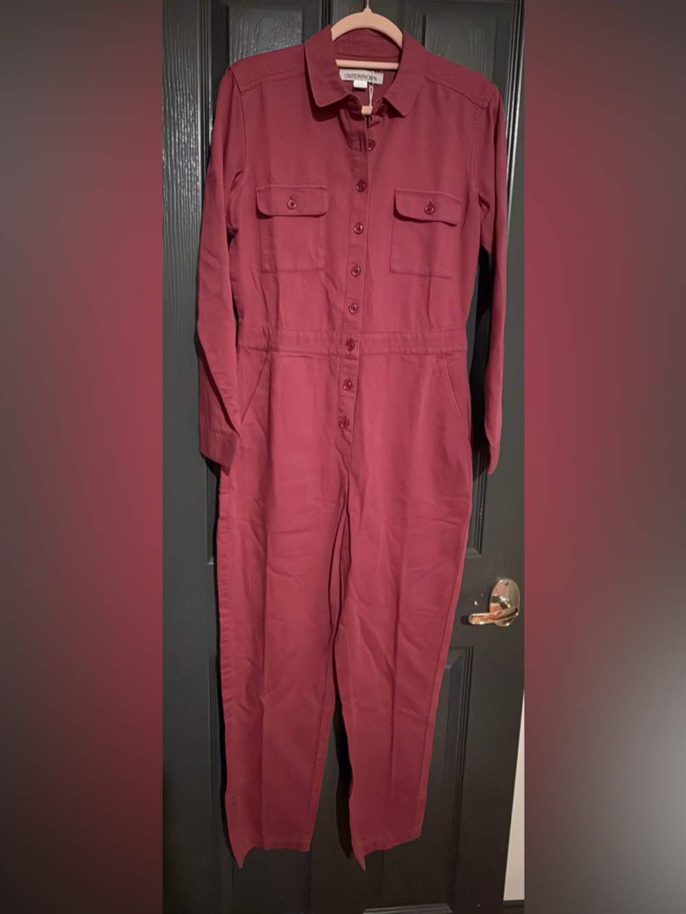 Outerknown Long-Sleeve Button-Front Jumpsuit in Ruby Rose